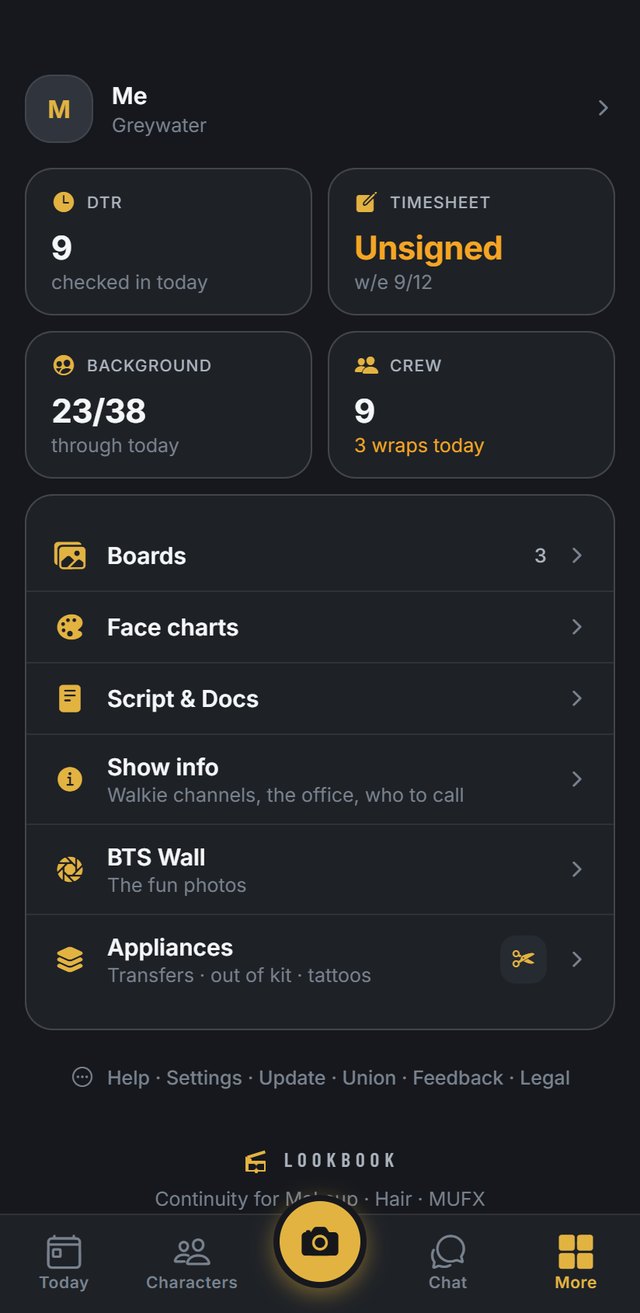 Lookbook's More screen: the DTR, timesheet, background tally, crew, boards, face charts, script and docs, show info and appliances.